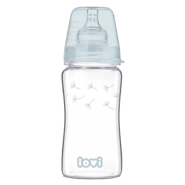 Lovi Diamond Glass, butelka szklana, antykolkowa ze smoczkiem o wolnym przepływie, Botanic, od 3 miesiąca, 250 ml