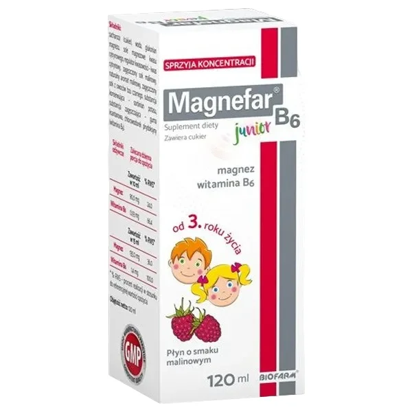Magnefar B6 Junior, płyn dla dzieci od 3 lat i dorosłych, smak malinowy, 120 ml
