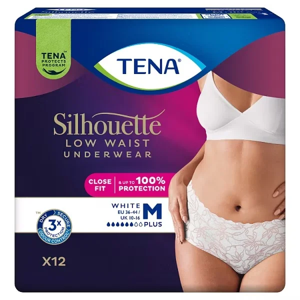 Tena Silhouette Plus White, dyskretne majtki chłonne dla kobiet, rozmiar M, 12 sztuk