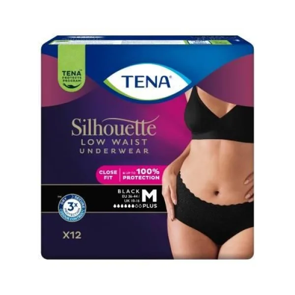 Tena Silhouette Plus Black, dyskretne majtki chłonne dla kobiet, rozmiar M, 12 sztuk
