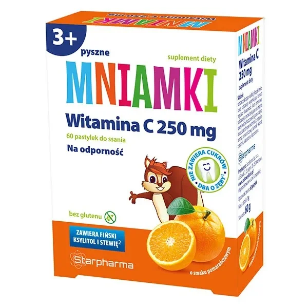 Mniamki Witamina C 250 mg, powyżej 3 roku, smak pomarańczowy, 60 pastylek do ssania