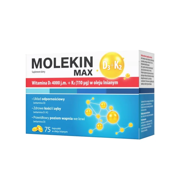 Molekin D3 + K2 Max, witamina D 4000 j.m. + witamina K 110 µg w oleju lnianym, 75 kapsułek