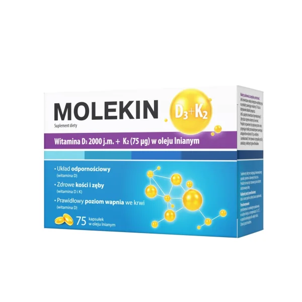 Molekin D3 + K2, witamina D 2000 j.m. + witamina K 75 µg w oleju lnianym, 75 kapsułek