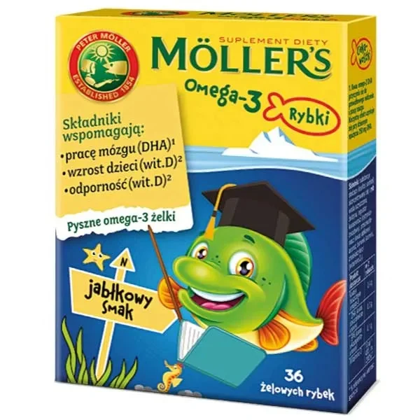 Moller's Omega-3 Rybki, żelki, smak jabłkowy, 36 sztuk