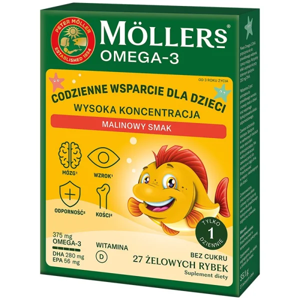 Moller's Omega 3 Rybki Wysoka Koncentracja, żelki, smak malinowy, 27 sztuk