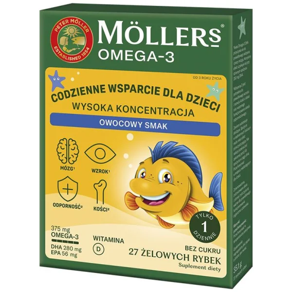 Moller's Omega 3 Rybki Wysoka Koncentracja, żelki, smak owocowy, 27 sztuk