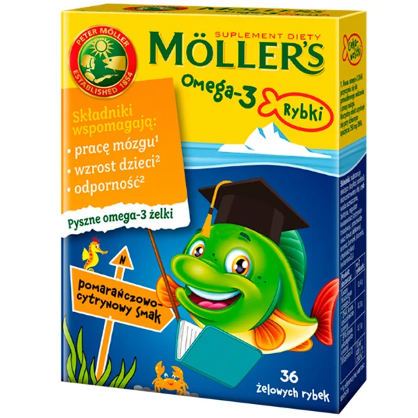 Moller's Omega-3 Rybki, żelki, smak pomarańczowo-cytrynowy, 36 sztuk