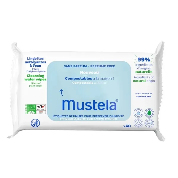 Mustela, kompostowalne chusteczki oczyszczające z wodą, 60 sztuk