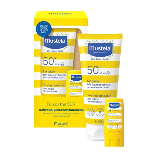 Zestaw Mustela Fun in the Sun,  mleczko SPF 50+, 100 ml + sztyf SPF 50+, 9 ml