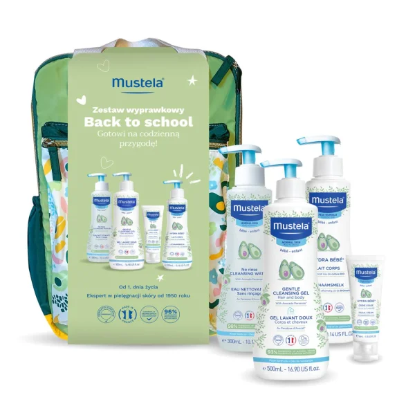Mustela Zestaw wyprawkowy, żel do mycia, 500 ml + mleczko do ciała, 300 ml + krem do twarzy, 40 ml + woda oczyszczająca, 300 ml