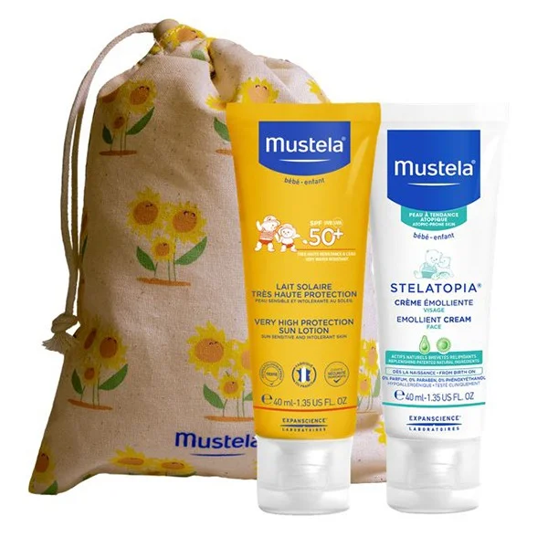 Zestaw Mustela Sun, Maluszek w podróży - skóra skłonna do atopii, mleczko przeciwsłoneczne, SPF 50, 40 ml + Stelatopia, krem do twarzy, 40 ml