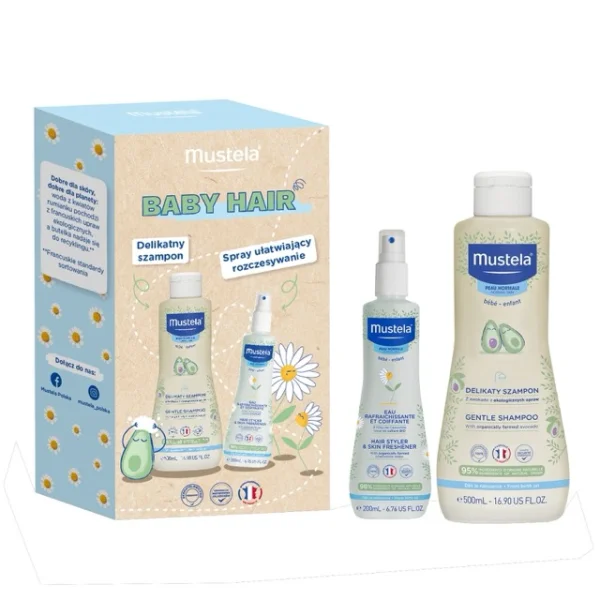 Zestaw Mustela Baby Hair, delikatny szampon, 500 ml + odświeżający spray ułatwiający rozczesywanie, 200 ml