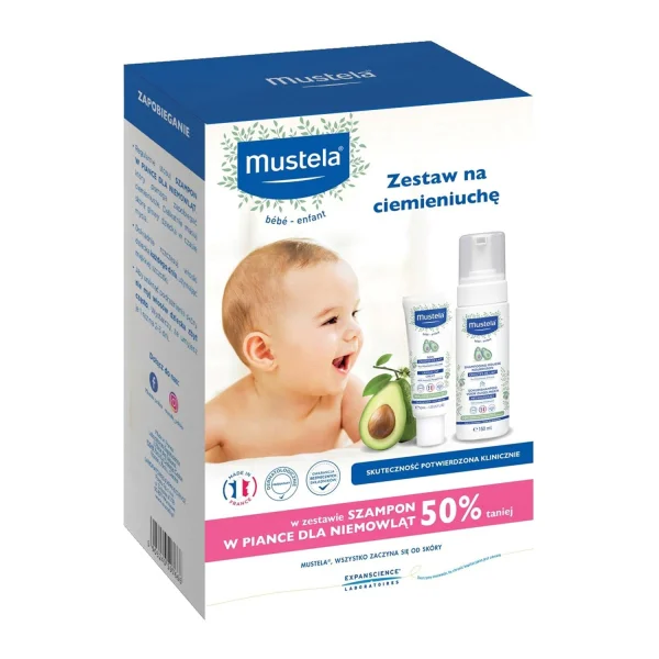 Zestaw Mustela Bebe Enfant, krem na ciemieniuchę, 40 ml + szampon w piance, od urodzenia, 150 ml