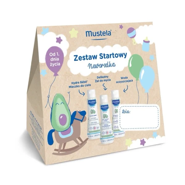 Zestaw Startowy Noworodka Mustela, mleczko do ciała, 100 ml + żel do mycia, 100 ml + woda oczyszczająca, 100 ml