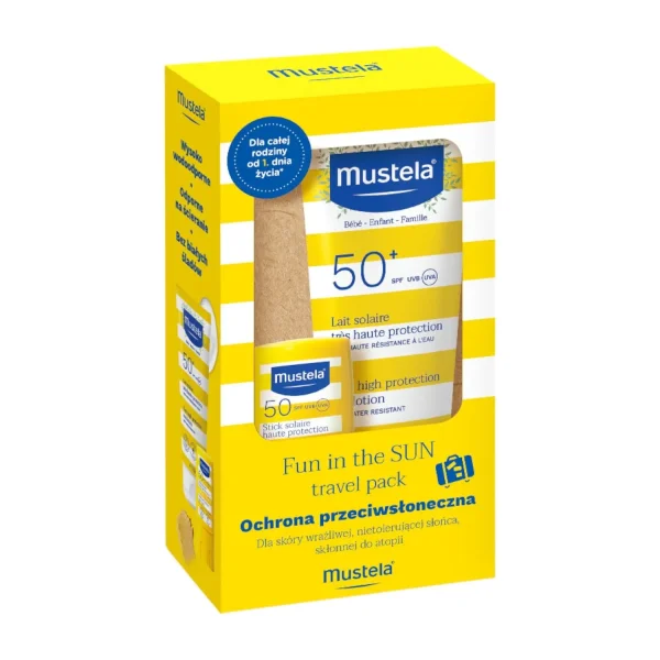 Zestaw Mustela Sun Fun In The Sun Travel Pack, mleczko przeciwsłoneczne, SPF 50, 40 ml + sztyft przeciwsłoneczny, SPF 50, 9 ml