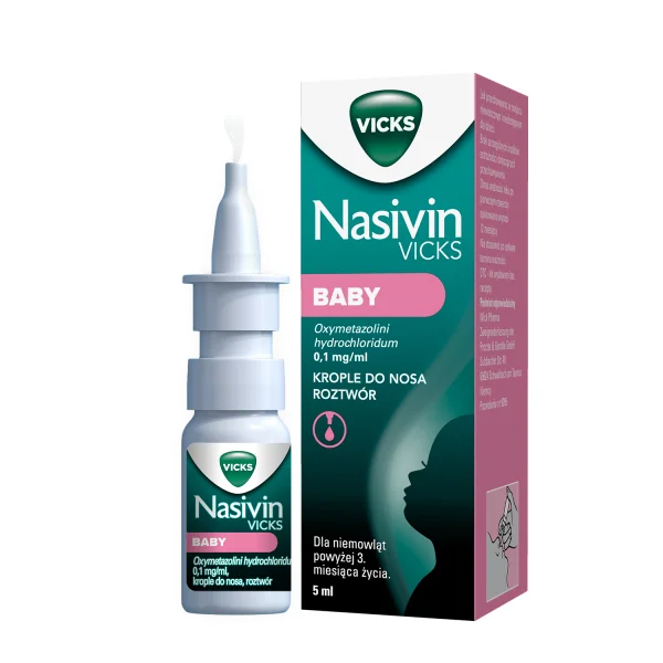 Nasivin Vicks Baby 0,1 mg/ml, krople do nosa dla niemowląt od 3 miesiąca, 5 ml