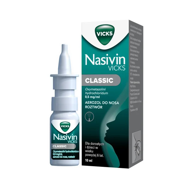Nasivin Vicks Classic 0,5 mg/ml, aerozol do nosa dla dorosłych i dzieci od 6 lat, 10 ml