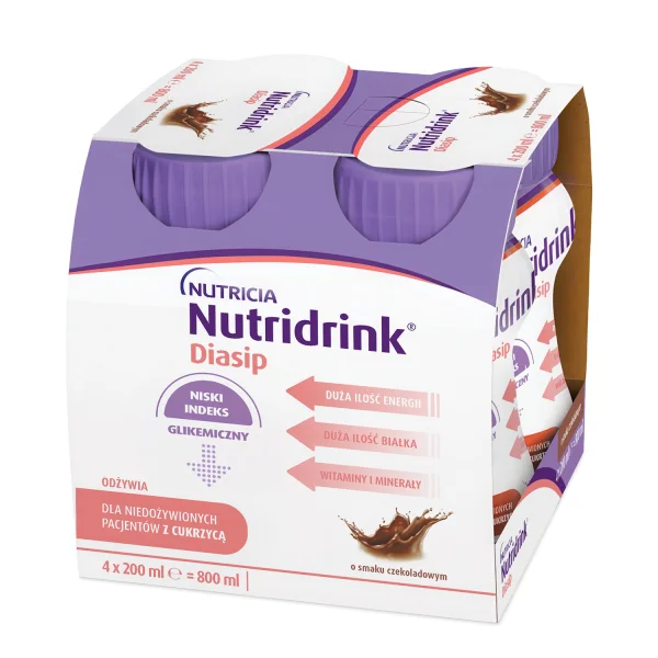 Nutridrink Diasip, preparat odżywczy dla diabetyków, płyn, smak czekoladowy, 4 x 200 ml