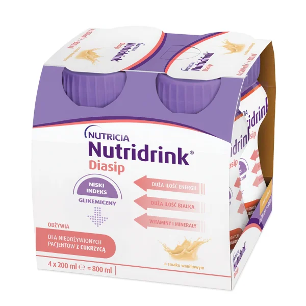 Nutridrink Diasip, preparat odżywczy dla diabetyków, płyn, smak waniliowy, 4 x 200 ml