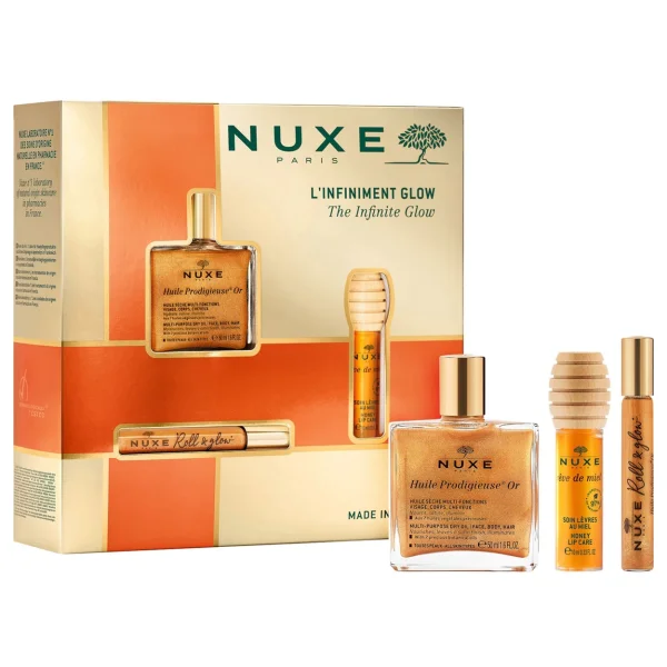 Zestaw Nuxe Glow Huile Prodigieuse Or, olejek roll-on, 8 ml + olejek do ust, 10 ml + suchy olejek, 50 ml