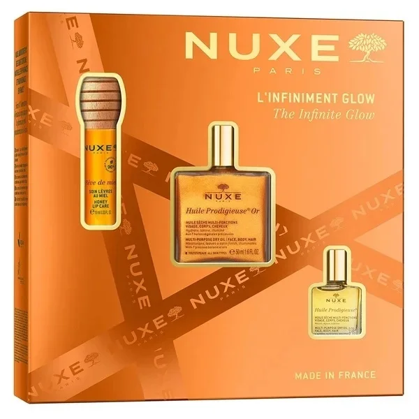 Nuxe The Infinite Glow, zestaw miodowy olejek do ust, 10 ml + suchy olejek z drobinkami, 50 ml + suchy olejek, 10 ml