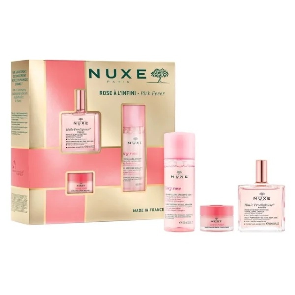 Zestaw Nuxe Bestsellery Huile Prodigieuse Florale, suchy olejek, 50 ml + łagodząca woda micelarna 3w1, 100 ml + różany balsam do ust, 15 g