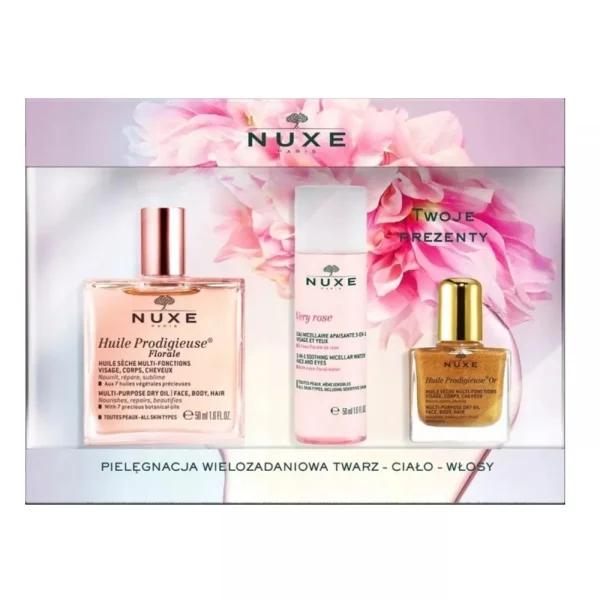 Zestaw Nuxe Huile Prodigieuse, Suchy olejek, 50 ml + Woda micelarna 3w1, 50 ml + Suchy olejek z drobinkami, 10 ml