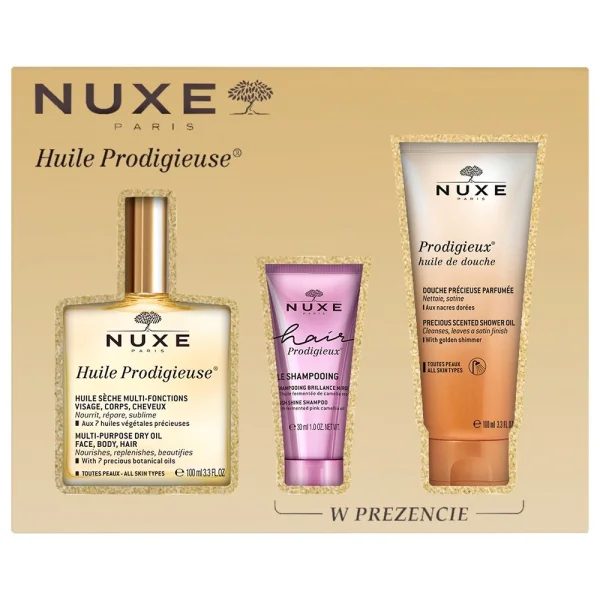 Zestaw Nuxe Huile Prodigieuse, suchy olejek, 100 ml + szampon, 30 ml + olejek pod prysznic, 100 ml
