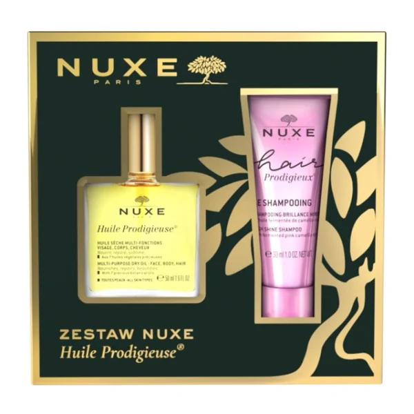 Zestaw Nuxe Huile Prodigieuse, suchy olejek do pielęgnacji ciała, twarzy i włosów, 50 ml + Hair Prodigieux, nabłyszczający szampon, 30 ml