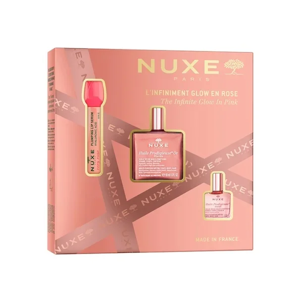 Nuxe zestaw The Infinite Glow in Pink, Very Rose serum do ust, 8 ml + Huile Prodigieuse Or Florale, olejek z drobinkami, 50 ml + Huile Prodigieuse Florale, olejek, 10 ml