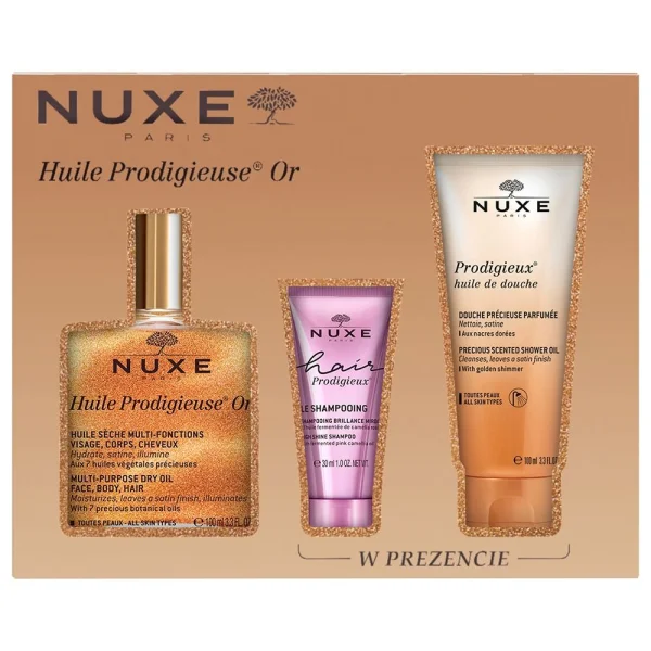 Zestaw Nuxe Huile Prodigieuse® Or, suchy olejek ze złotymi drobinkami 100 ml + szampon, 30 ml + olejek pod prysznic, 100 ml