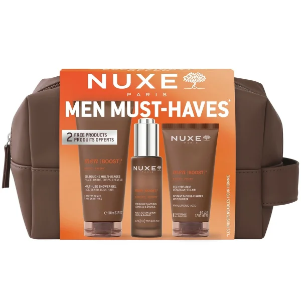 Zestaw Nuxe Men Boost, serum wielofunkcyjne, 30 ml + nawilżający żel do twarzy, 50 ml + żel pod prysznic, 100 ml