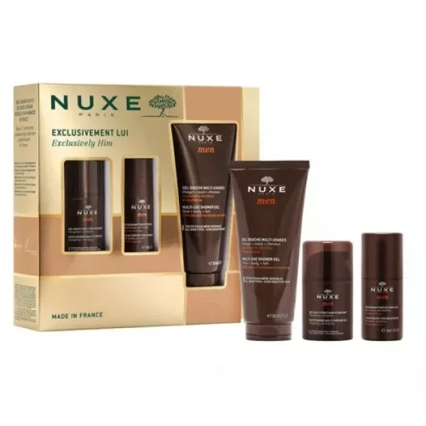 Zestaw Nuxe Men, wielofunkcyjny żel nawilżający do twarzy, 50 ml + dezodorant roll-on, 50 ml + żel pod prysznic, 200 ml