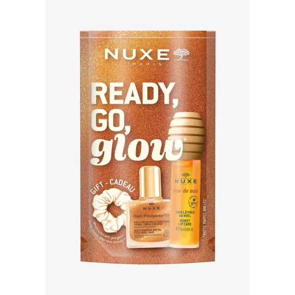 Zestaw Nuxe Ready go  Glow Reve de Miel,  suchy olejek z drobinkami  10 ml + olejek do ust, 10 ml + gumka do włosów, 1 sztuka