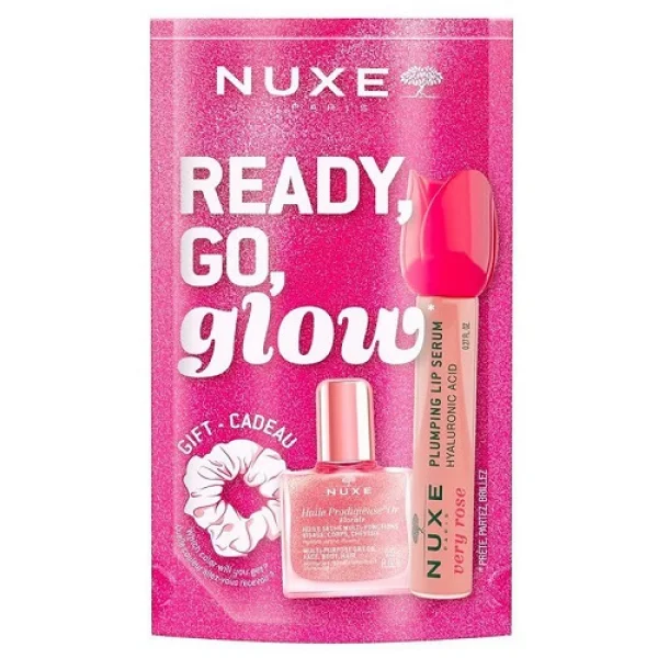 Zestaw Nuxe Ready go Glow Very Rose, suchy olejek z drobikami, 10 ml + nawilżające serum do ust, 8 ml + guma do włosów, 1 sztuka 