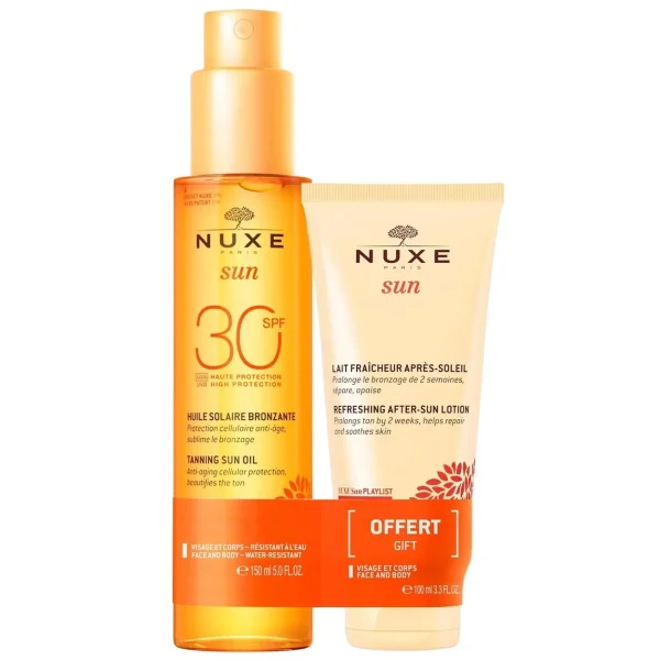 Zestaw Nuxe Sun, brązujący olejek do opalania, w sprayu, SPF 30, 150 ml + balsam po opalaniu, 100 ml