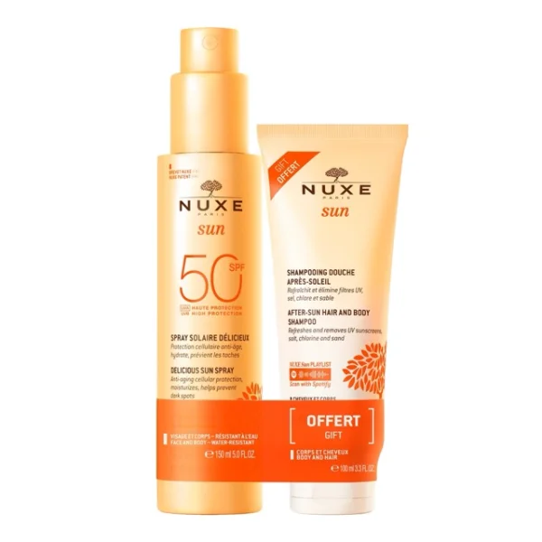 Nuxe Sun, mleczko do opalania do twarzy i ciała, spray, SPF 50, 150 ml + żel pod prysznic po opalaniu, 100 ml gratis