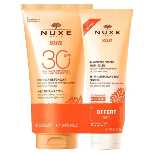 Zestaw Nuxe Sun, mleczko do opalania twarzy i ciała SPF30, 150 ml + żel pod prysznic po opalaniu, 100 ml