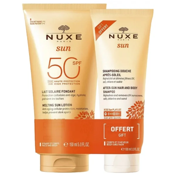 Zestaw Nuxe Sun, mleczko do opalania twarzy i ciała SPF50, 150 ml +  żel pod prysznic po opalaniu, 100 ml