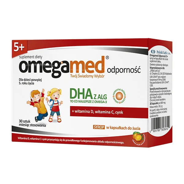 Omegamed Odporność 5+, DHA z alg, syrop w kapsułkach do żucia dla dzieci powyżej 5 lat, smak pomarańczowy, 30 kapsułek