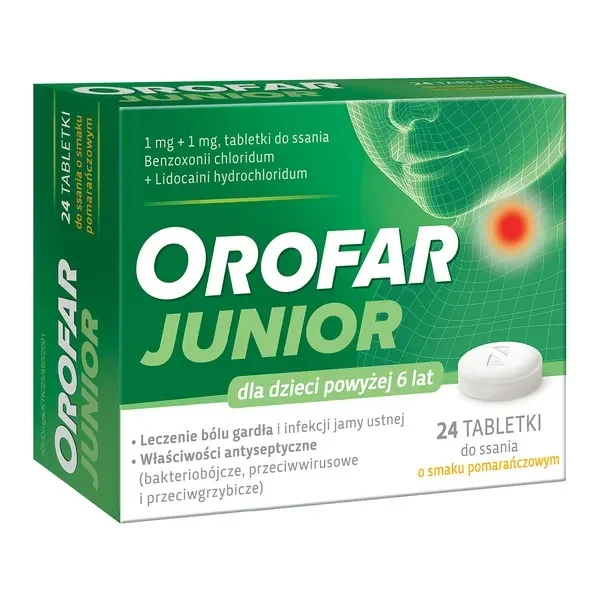 Orofar Junior 1 mg + 1 mg, dla dzieci powyżej 6 lat, smak pomarańczowy, 24 tabletki do ssania