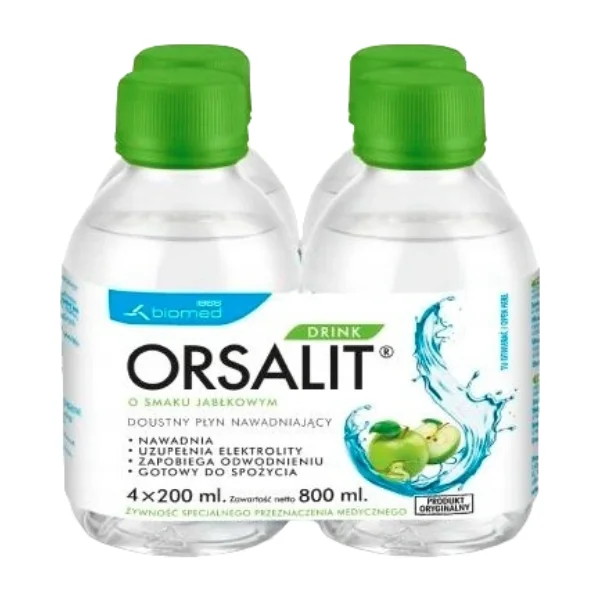 Orsalit Drink, nawadniający płyn doustny dla dzieci powyżej 3 roku, smak jabłkowy, 4 x 200 ml