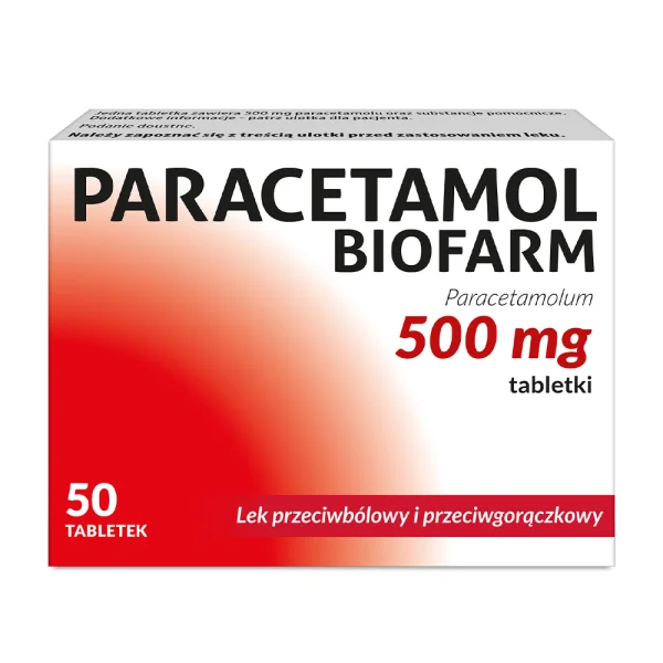 Paracetamol Biofarm 500 mg, lek przeciwbólowy i na gorączkę, 50 tabletek
