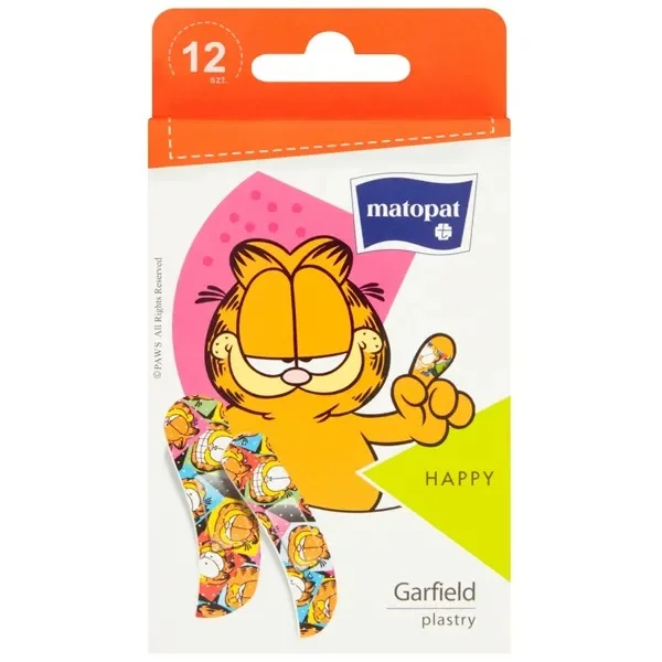Matopat Happy, plastry dla dzieci z opatrunkiem, Garfielfd, 12 sztuk