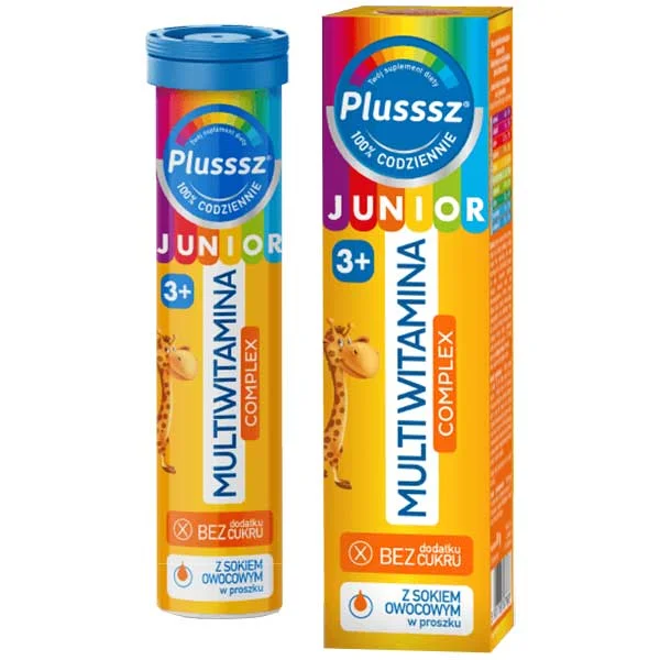 Plusssz Junior Multiwitamina Complex, dla dzieci powyżej 3 lat, smak tropikalny, 20 tabletek musujących