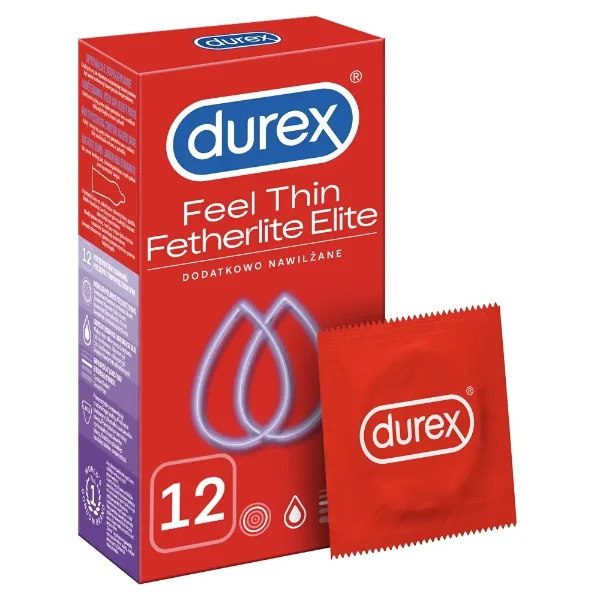 Durex Fetherlite Elite, prezerwatywy z większą ilością lubrykantu, cieńsze, 12 sztuk