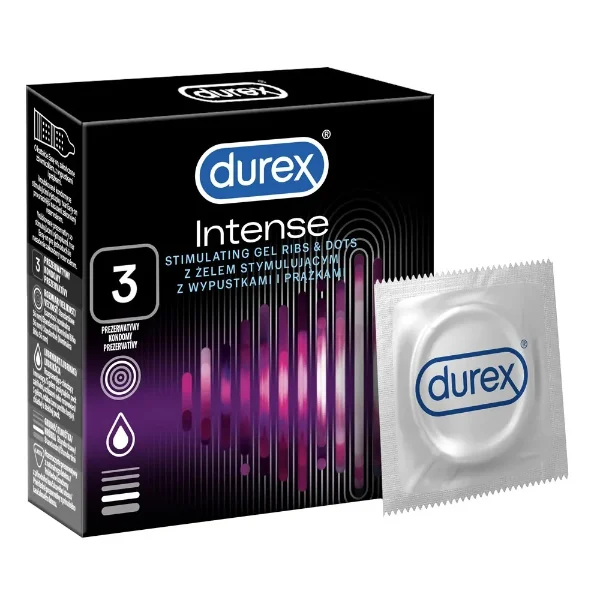 Durex Intense, prezerwatywy z żelem stymulującym, prążkowane z wypustkami, 3 sztuki