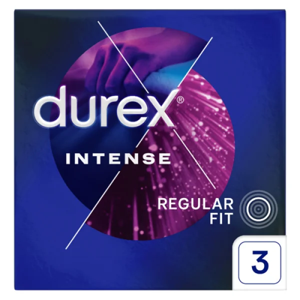 Durex Intense, prezerwatywy z żelem stymulującym, prążkowane z wypustkami, 3 sztuki