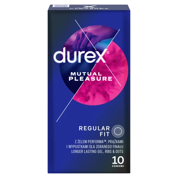 Durex Mutual Pleasure, prezerwatywy z lubrykantem przedłużającym stosunek, prążkowane z wypustkami, 10 sztuk