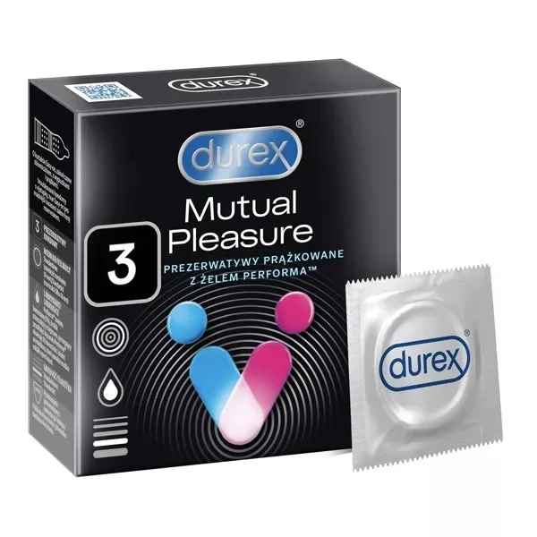 Durex Mutual Pleasure, prezerwatywy z lubrykantem przedłużającym stosunek, prążkowane z wypustkami, 3 sztuki